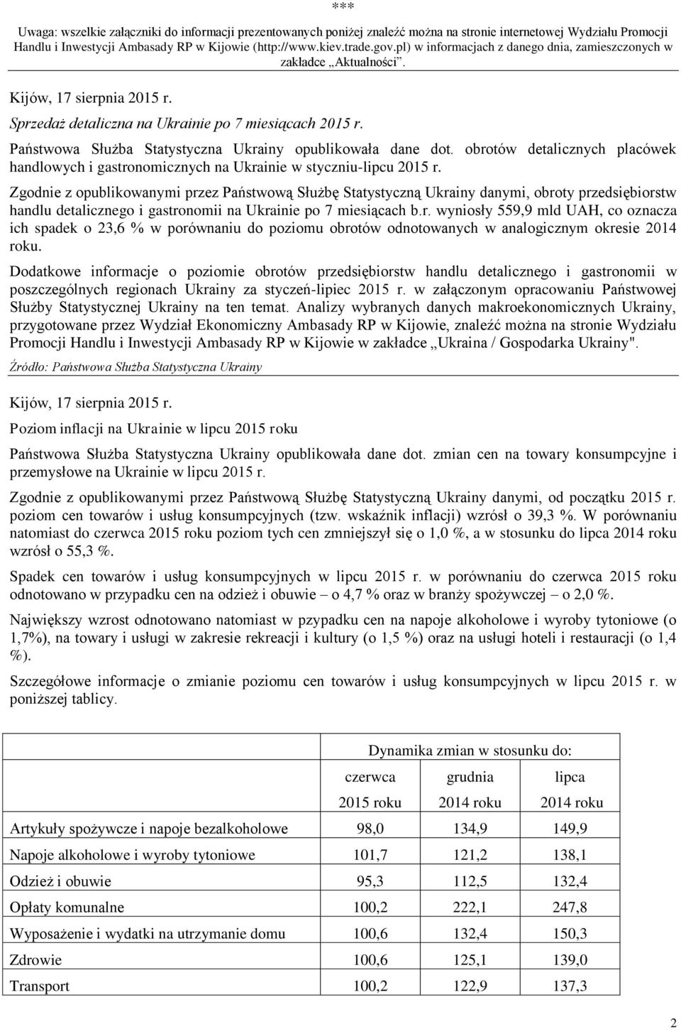Państwowa Służba Statystyczna Ukrainy opublikowała dane dot. obrotów detalicznych placówek handlowych i gastronomicznych na Ukrainie w styczniu-lipcu 2015 r.
