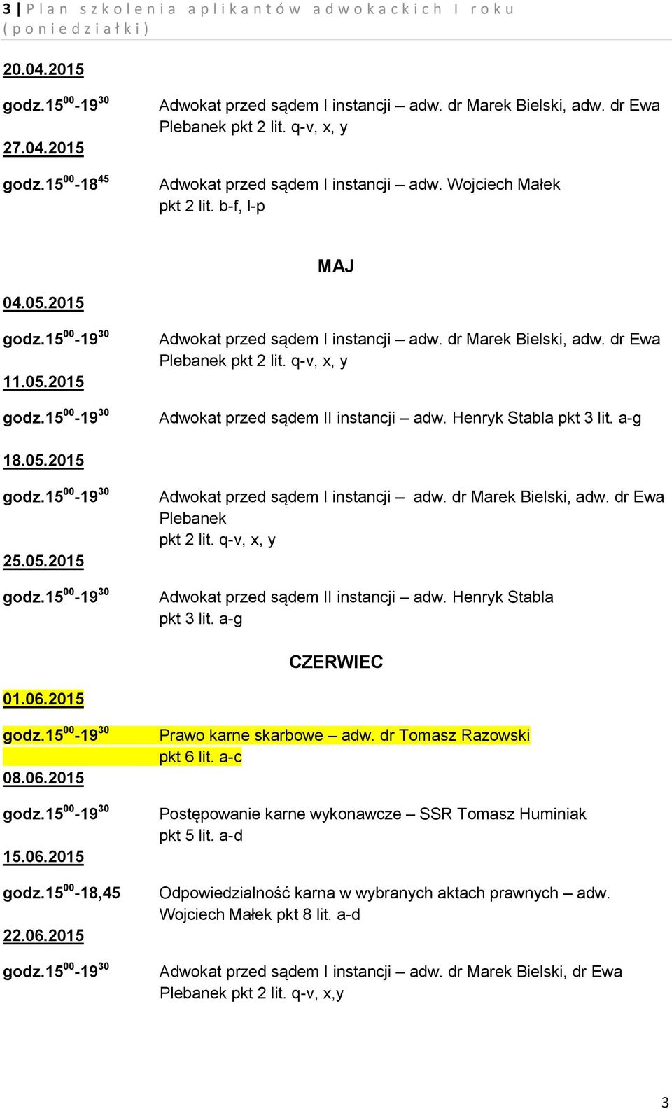 15 00-18,45 22.06.2015 Prawo karne skarbowe adw. dr Tomasz Razowski pkt 6 lit. a-c Postępowanie karne wykonawcze SSR Tomasz Huminiak pkt 5 lit.