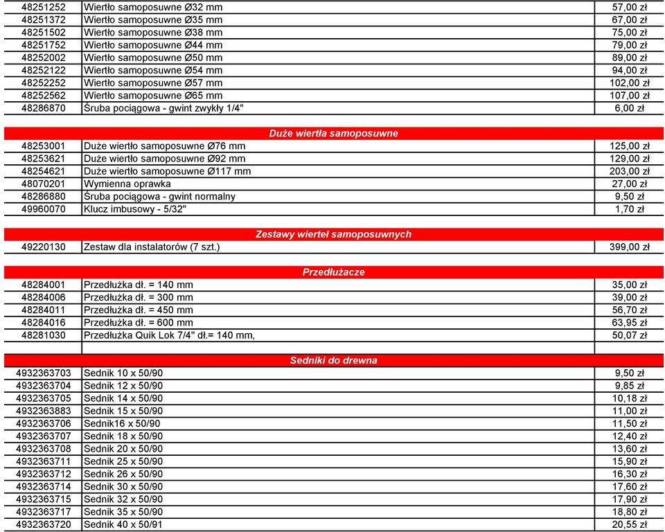 zwykły 1/4" 6,00 zł rtła iercenie samoposuwne Drewno Duże wiertła samoposuwne 48253001 Duże wiertło samoposuwne Ø76 mm 125,00 zł 48253621 Duże wiertło samoposuwne Ø92 mm 129,00 zł 48254621 Duże