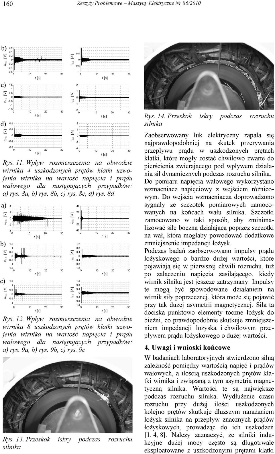 12. Wpływ rozmieszczenia na obwodzie wirnika 8 uszkodzonych prętów klatki uzwojenia wirnika na wartość napięcia i prądu wałowego dla następujących przypadków: rys. 9a, rys. 9b, rys. 9c Rys. 13.