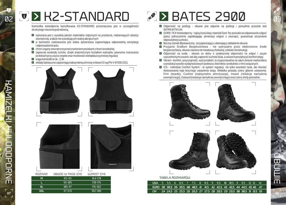 zapewniająca odpowiednią wentylację i odprowadzenie potu chroni organy wewnętrzne przed zranieniem pociskami z broni strzeleckiej zapewnia swobodę ruchów, dzięki anatomicznym kształtom wykrojów,
