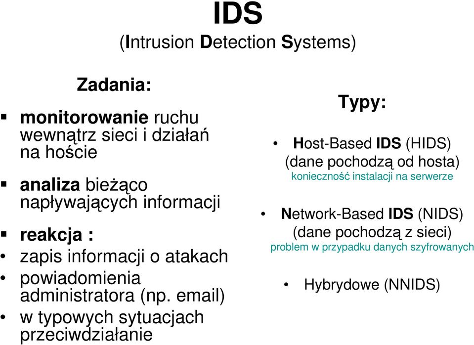 email) w typowych sytuacjach przeciwdziałanie Typy: Host-Based IDS (HIDS) (dane pochodzą od hosta) konieczność