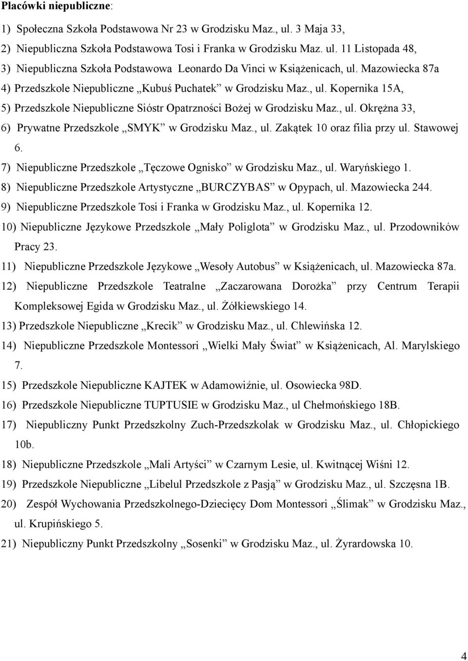 , ul. Zakątek 10 oraz filia przy ul. Stawowej 6. 7) Niepubliczne Przedszkole Tęczowe Ognisko w Grodzisku Maz., ul. Waryńskiego 1. 8) Niepubliczne Przedszkole Artystyczne BURCZYBAS w Opypach, ul.