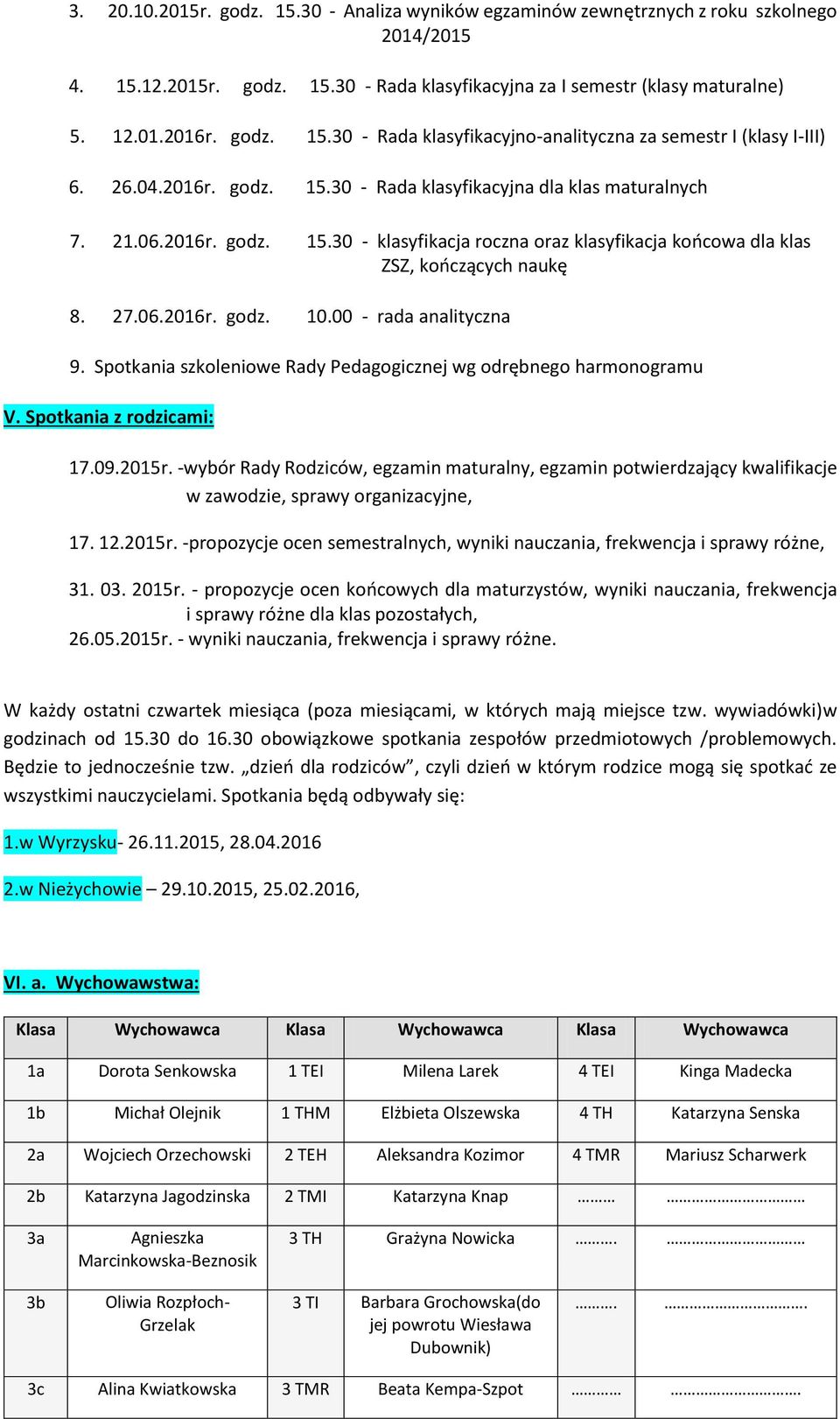 00 - rada analityczna 9. Spotkania szkoleniowe Rady Pedagogicznej wg odrębnego harmonogramu V. Spotkania z rodzicami: 17.09.2015r.