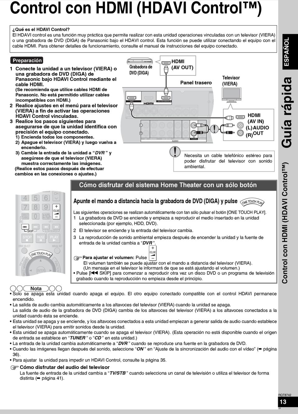 Esta función se puede utilizar conectando el equipo con el cable HDMI. Para obtener detalles de funcionamiento, consulte el manual de instrucciones del equipo conectado.