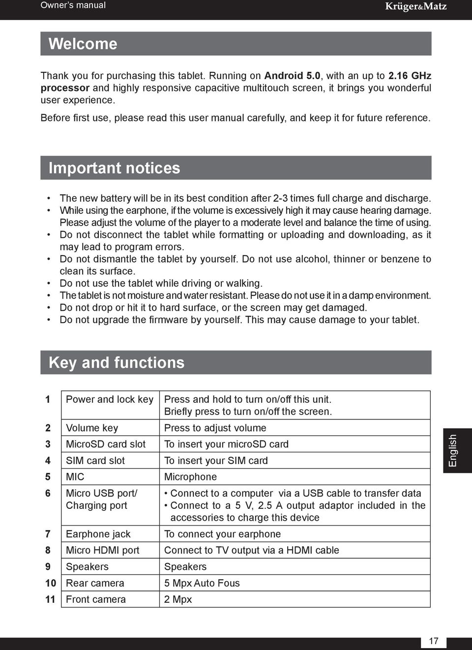 Before first use, please read this user manual carefully, and keep it for future reference. Important notices The new battery will be in its best condition after 2-3 times full charge and discharge.