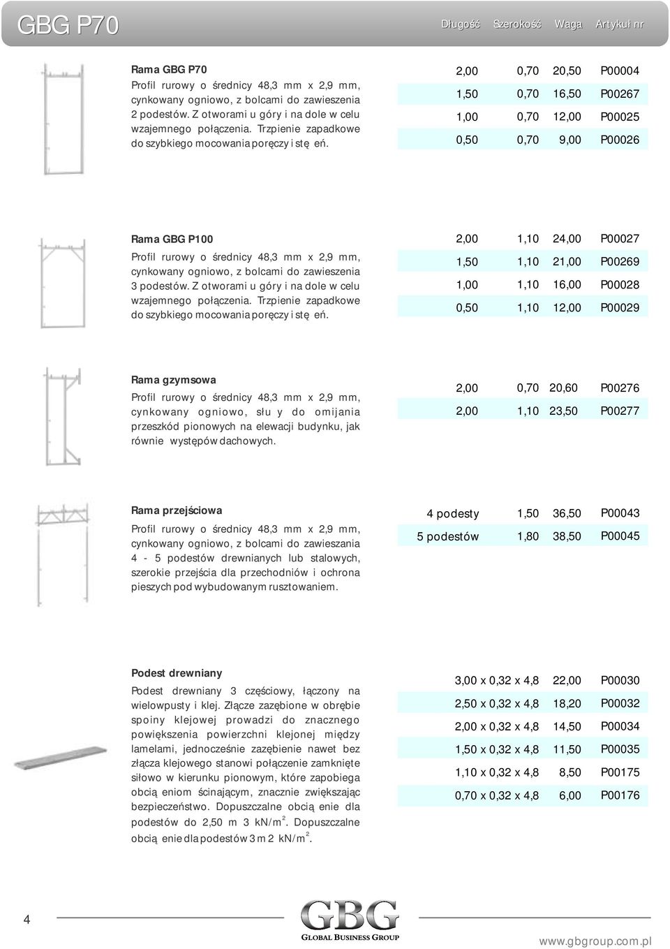 ,00 1,00 0,50 0,50 1,00 9,00 P0000 P007 P0005 P000 Rama GBG P0 Profil rurowy o średnicy,3 mm x,9 mm, cynkowany ogniowo, z bolcami do zawieszenia 3 podestów.