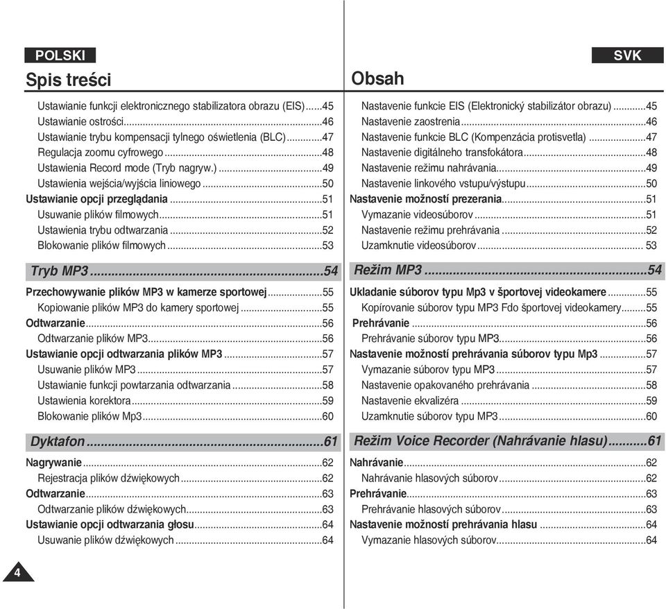 ..52 Blokowanie plików filmowych...53 Tryb MP3...54 Przechowywanie plików MP3 w kamerze sportowej...55 Kopiowanie plików MP3 do kamery sportowej...55 Odtwarzanie...56 Odtwarzanie plików MP3.