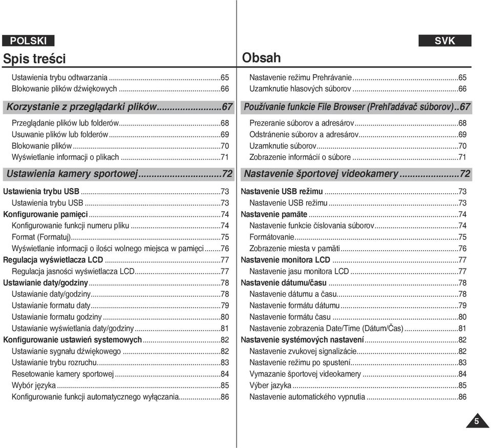 ..74 Konfigurowanie funkcji numeru pliku...74 ormat (ormatuj)...75 Wyświetlanie informacji o ilości wolnego miejsca w pamięci...76 Regulacja wyświetlacza LCD...77 Regulacja jasności wyświetlacza LCD.