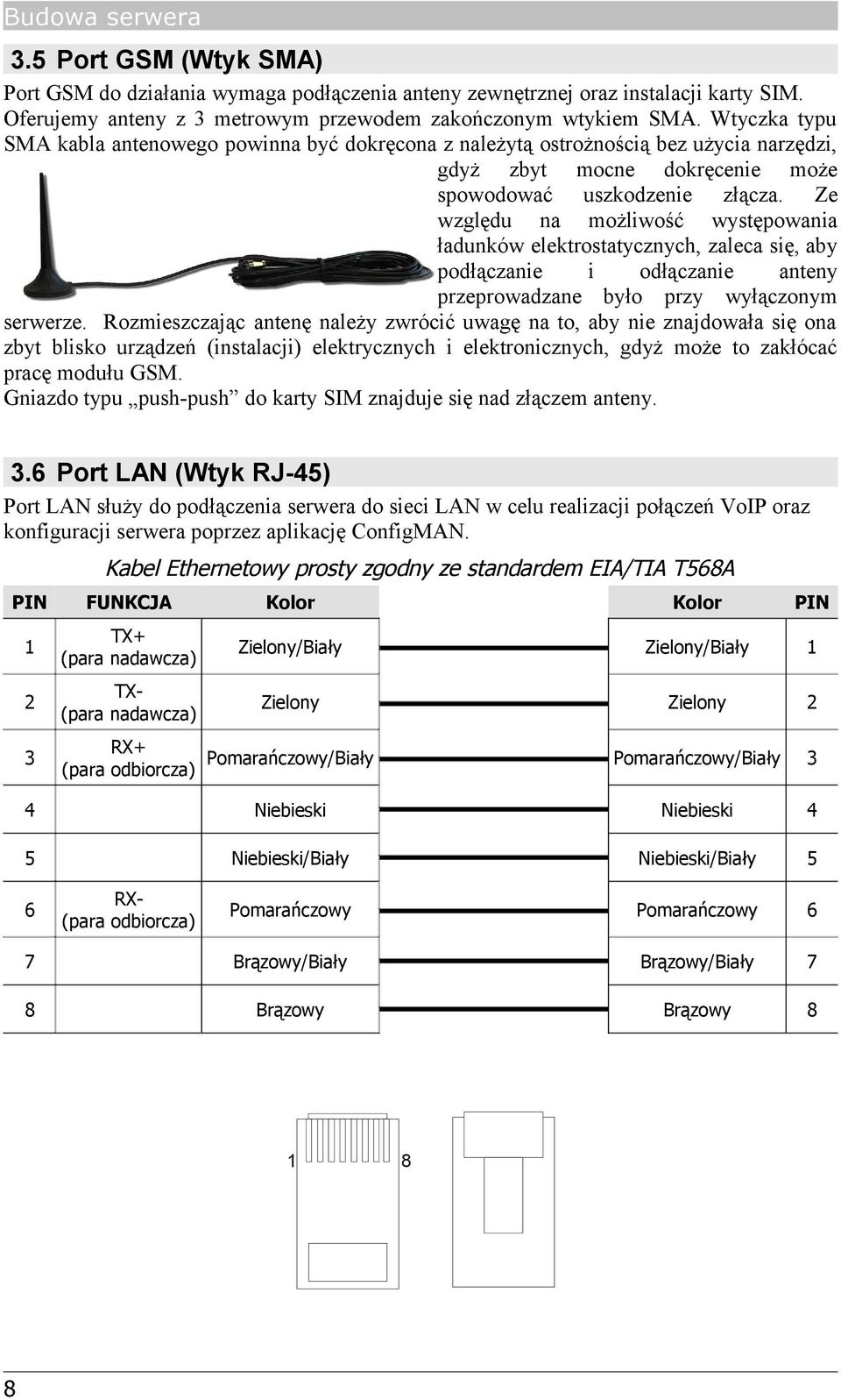 Ze względu na możliwość występowania ładunków elektrostatycznych, zaleca się, aby podłączanie i odłączanie anteny przeprowadzane było przy wyłączonym serwerze.