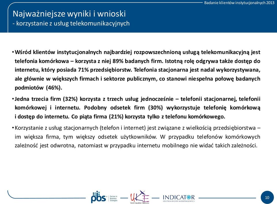 Telefonia stacjonarna jest nadal wykorzystywana, ale głównie w większych firmach i sektorze publicznym, co stanowi niespełna połowę badanych podmiotów (46%).