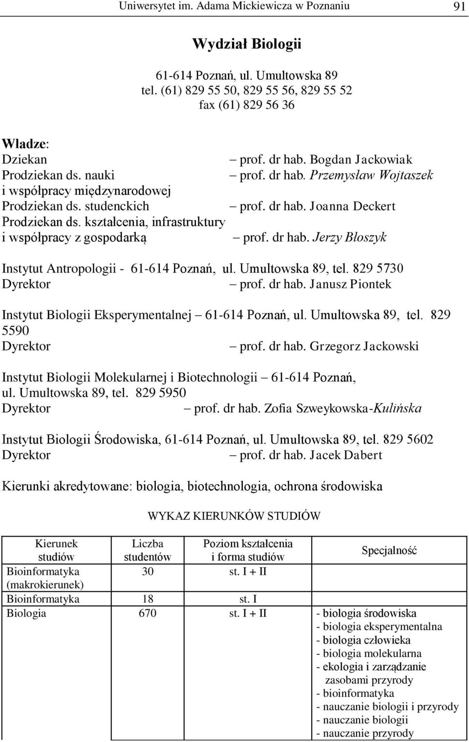 kształcenia, infrastruktury i współpracy z gospodarką prof. dr hab. Jerzy Błoszyk Instytut Antropologii - 61-614 Poznań, ul. Umultowska 89, tel. 829 5730 prof. dr hab. Janusz Piontek Instytut Biologii Eksperymentalnej 61-614 Poznań, ul.