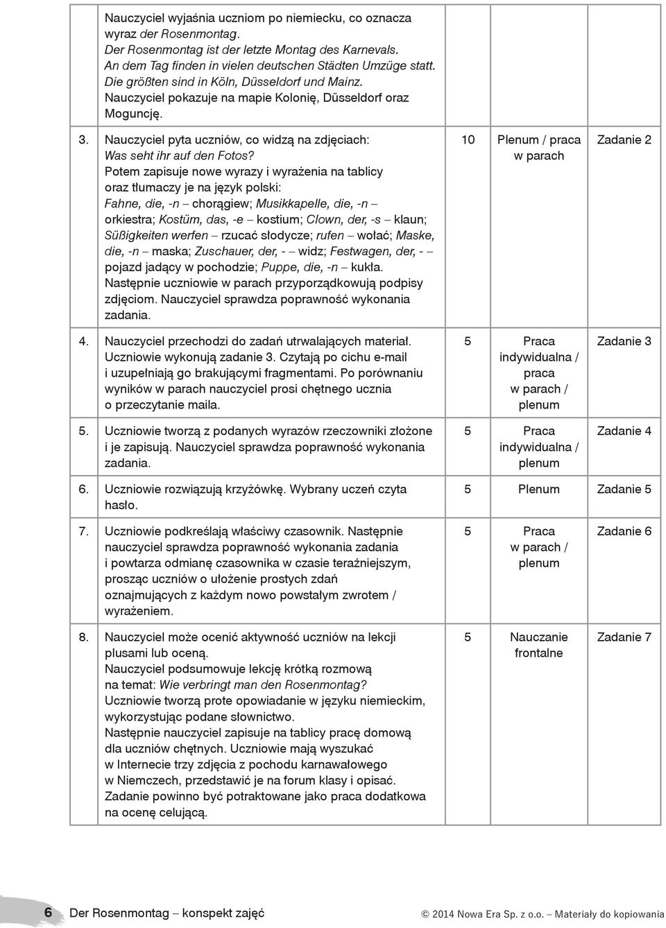 Potem zapisuje nowe wyrazy i wyrażenia na tablicy oraz tłumaczy je na język polski: Fahne, die, -n chorągiew; Musikkapelle, die, -n orkiestra; Kostüm, das, -e kostium; Clown, der, -s klaun;