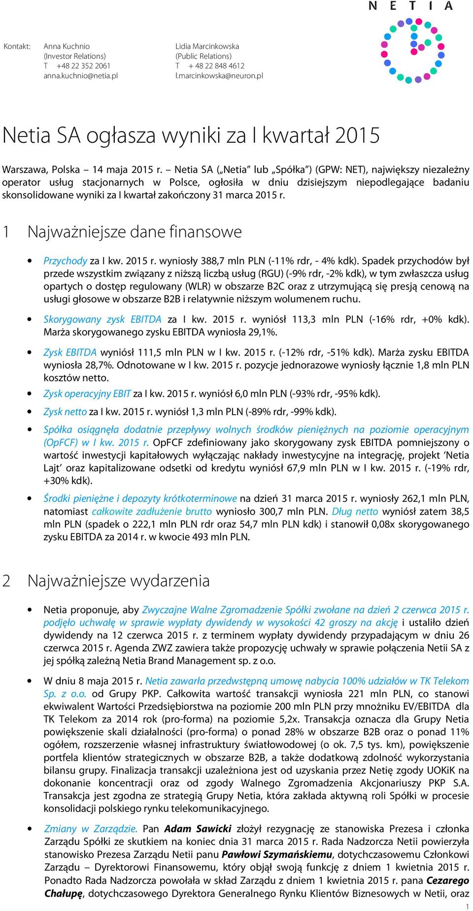 Netia SA ( Netia lub Spółka ) (GPW: NET), największy niezależny operator usług stacjonarnych w Polsce, ogłosiła w dniu dzisiejszym niepodlegające badaniu skonsolidowane wyniki za I kwartał zakończony