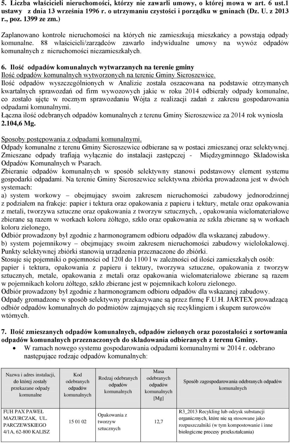 88 właścicieli/zarządców zawarło indywidualne umowy na wywóz z nieruchomości niezamieszkałych. 6. Ilość wytwarzanych na terenie gminy Ilość wytworzonych na terenie Gminy Sieroszewice.