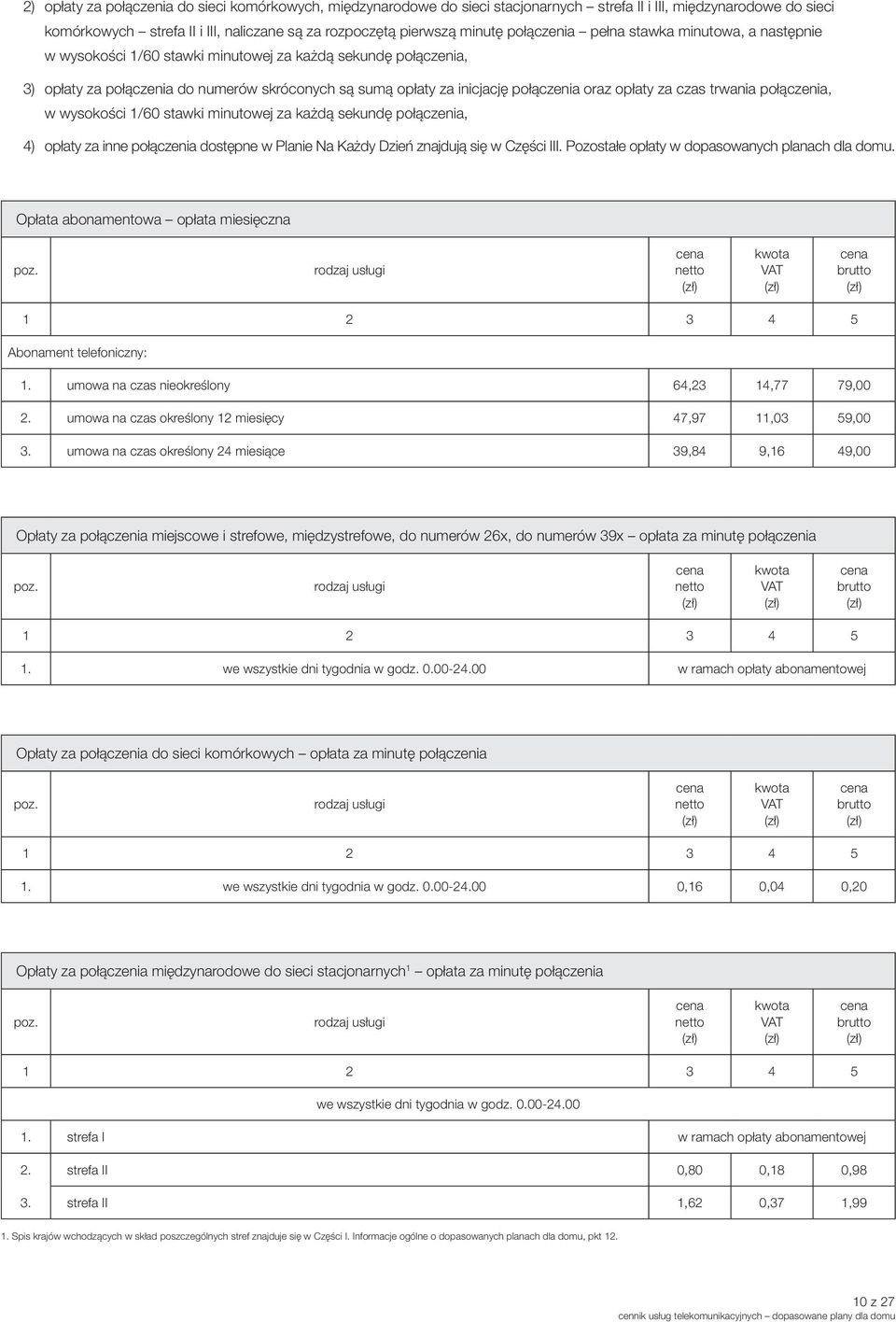 opłaty za czas trwania połączenia, w wysokości 1/60 stawki minutowej za każdą sekundę połączenia, 4) opłaty za inne połączenia dostępne w Planie Na Każdy Dzień znajdują się w Części III.