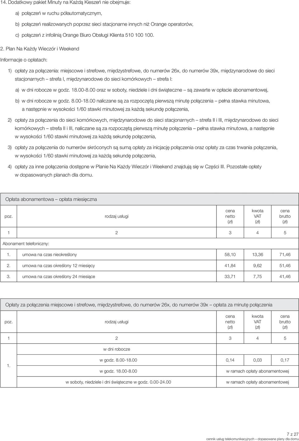 Plan Na Każdy Wieczór i Weekend Informacje o opłatach: 1) opłaty za połączenia: miejscowe i strefowe, międzystrefowe, do numerów 26x, do numerów 39x, międzynarodowe do sieci stacjonarnych strefa I,