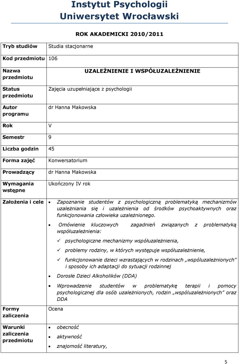 psychologiczną problematyką mechanizmów uzależniania się i uzależnienia od środków psychoaktywnych oraz funkcjonowania człowieka uzależnionego.