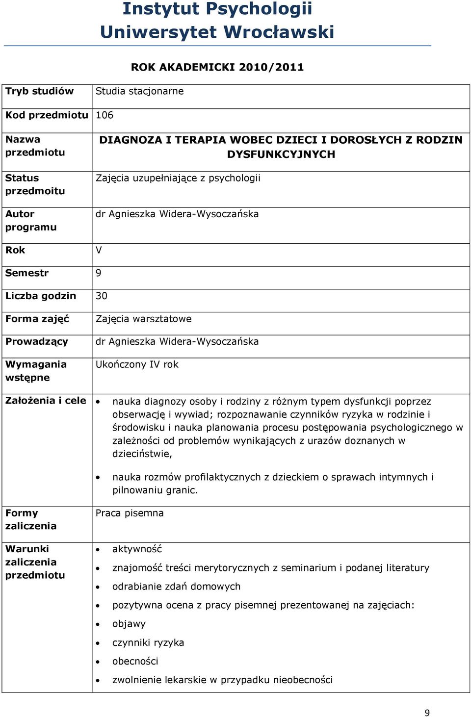 Widera-Wysoczańska Ukończony IV rok Założenia i cele nauka diagnozy osoby i rodziny z różnym typem dysfunkcji poprzez obserwację i wywiad; rozpoznawanie czynników ryzyka w rodzinie i środowisku i