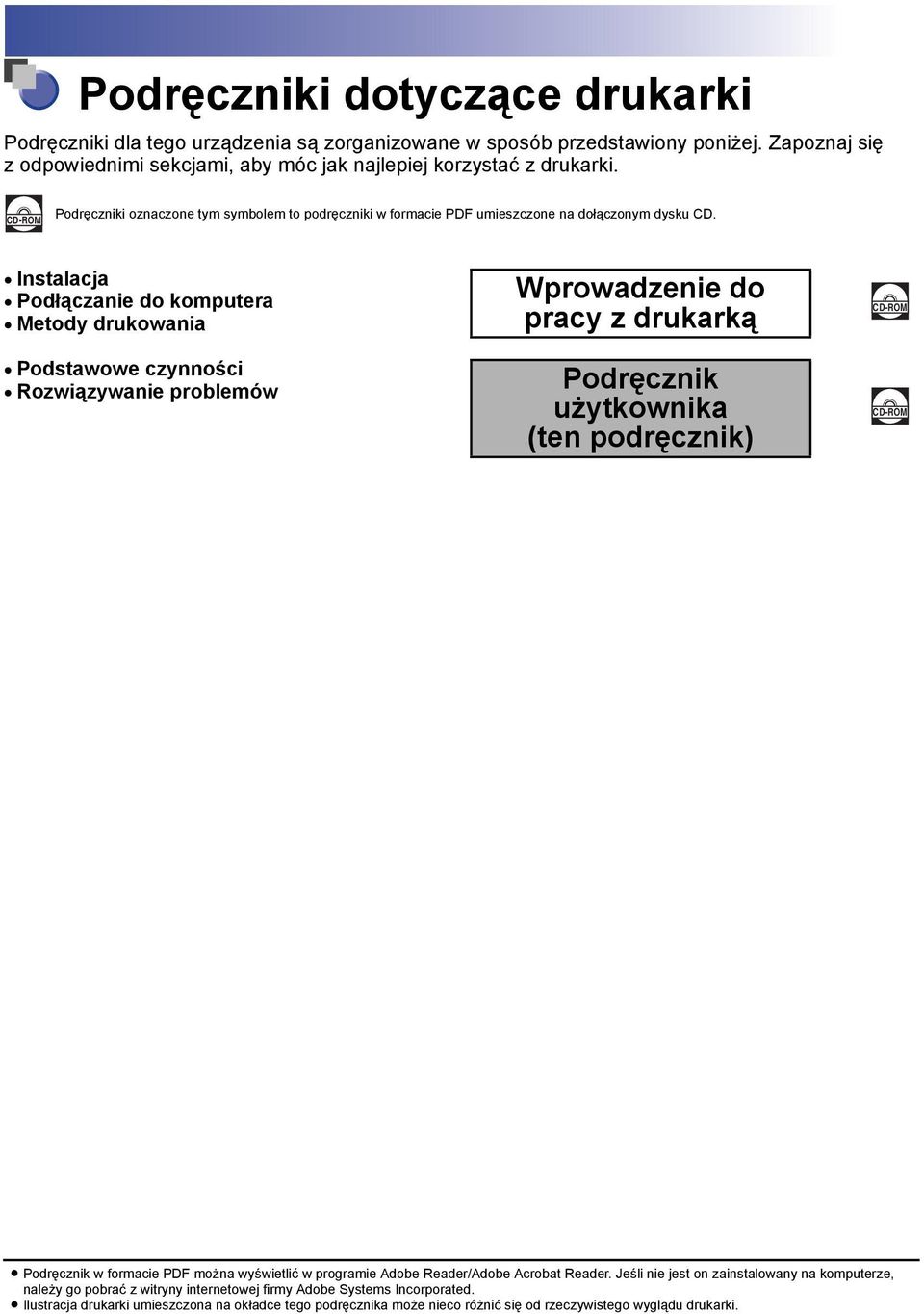 Instalacja Podłączanie do komputera Metody drukowania Podstawowe czynności Rozwiązywanie problemów Wprowadzenie do pracy z drukarką Podręcznik użytkownika (ten podręcznik) CD-ROM CD-ROM Podręcznik w