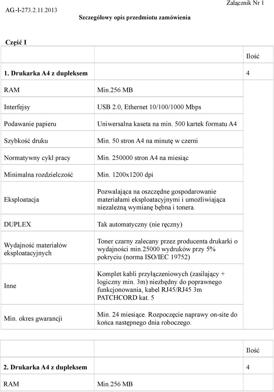 okres gwarancji Min.256 MB USB 2.0, Ethernet 10/100/1000 Mbps Uniwersalna kaseta na min. 500 kartek formatu A4 Min. 50 stron A4 na minutę w czerni Min. 250000 stron A4 na miesiąc Min.