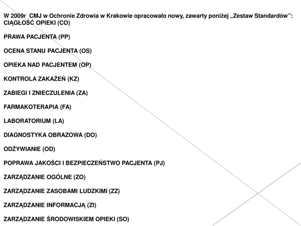 FARMAKOTERAPIA (FA) LABORATORIUM (LA) DIAGNOSTYKA OBRAZOWA (DO) ODŻYWIANIE (OD) POPRAWA JAKOŚCI I BEZPIECZEŃSTWO PACJENTA