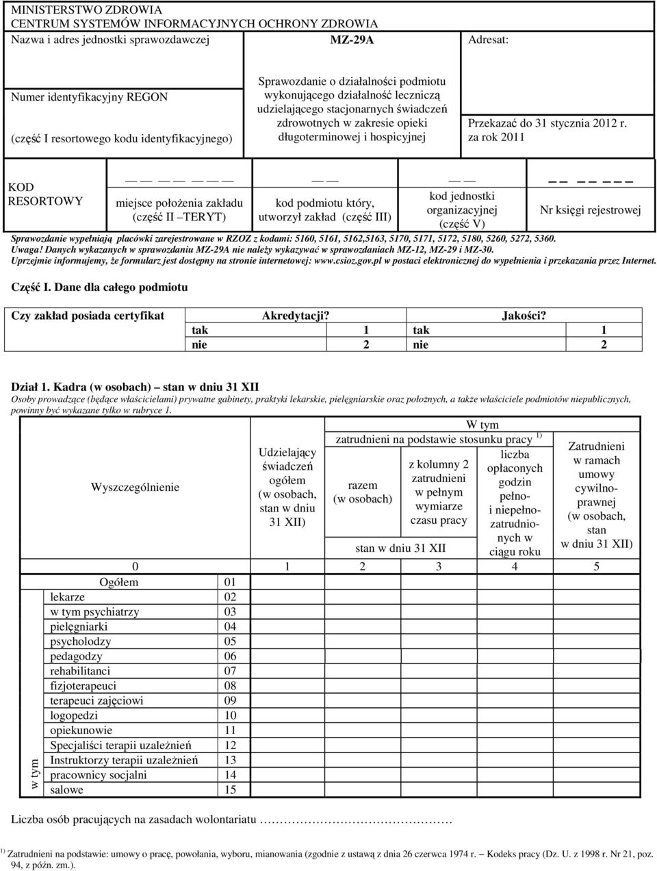 r. za rok 2011 KOD RESORTOWY (część V) Sprawozdanie wypełniają placówki zarejestrowane w RZOZ z kodami: 5160, 5161, 5162,5163, 5170, 5171, 5172, 5180, 5260, 5272, 5360. Uwaga!
