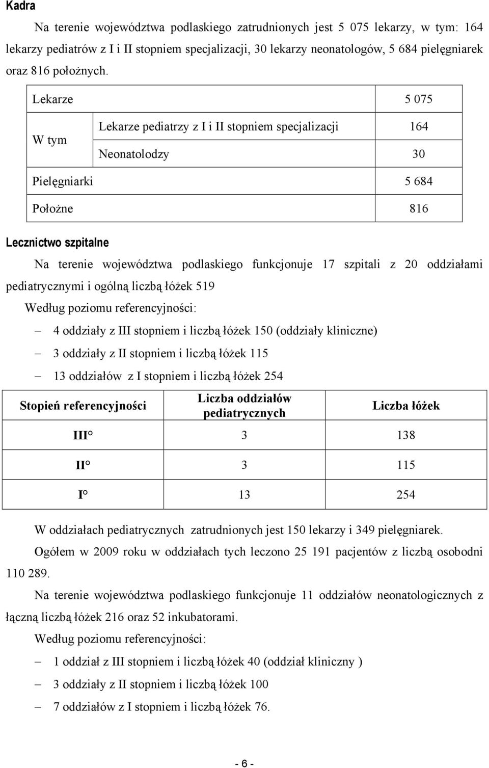 szpitali z 20 oddziałami pediatrycznymi i ogólną liczbą łóŝek 519 Według poziomu referencyjności: 4 oddziały z III stopniem i liczbą łóŝek 150 (oddziały kliniczne) 3 oddziały z II stopniem i liczbą