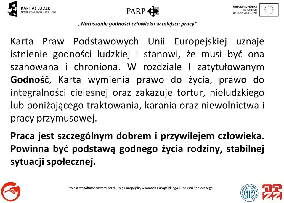 W rozdziale I zatytułowanym Godność, Karta wymienia prawo do życia, prawo do integralności cielesnej oraz zakazuje