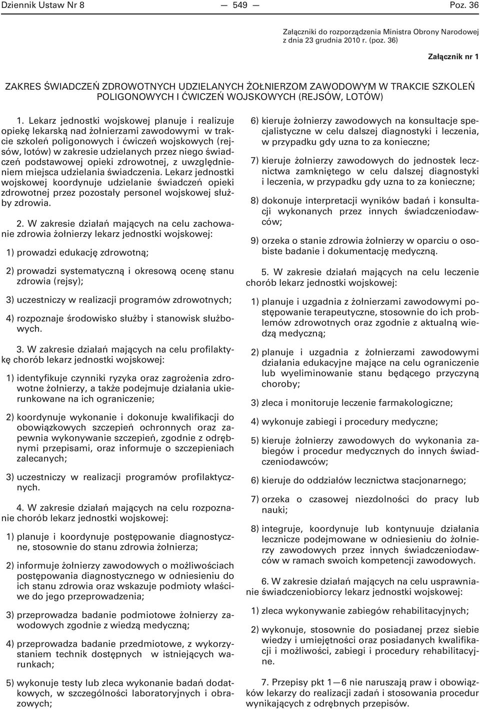 Lekarz jednostki wojskowej planuje i realizuje opiekę lekarską nad żołnierzami zawodowymi w trakcie szkoleń poligonowych i ćwiczeń wojskowych (rejsów, lotów) w zakresie udzielanych przez niego