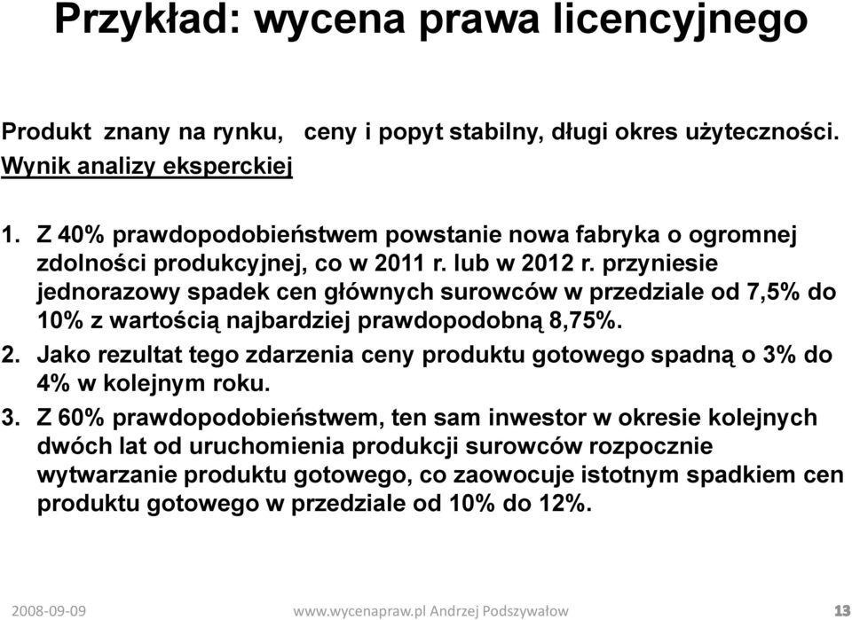 przyniesie jednorazowy spadek cen głównych surowców w przedziale od 7,5% do 10% z wartością najbardziej prawdopodobną 8,75%. 2.