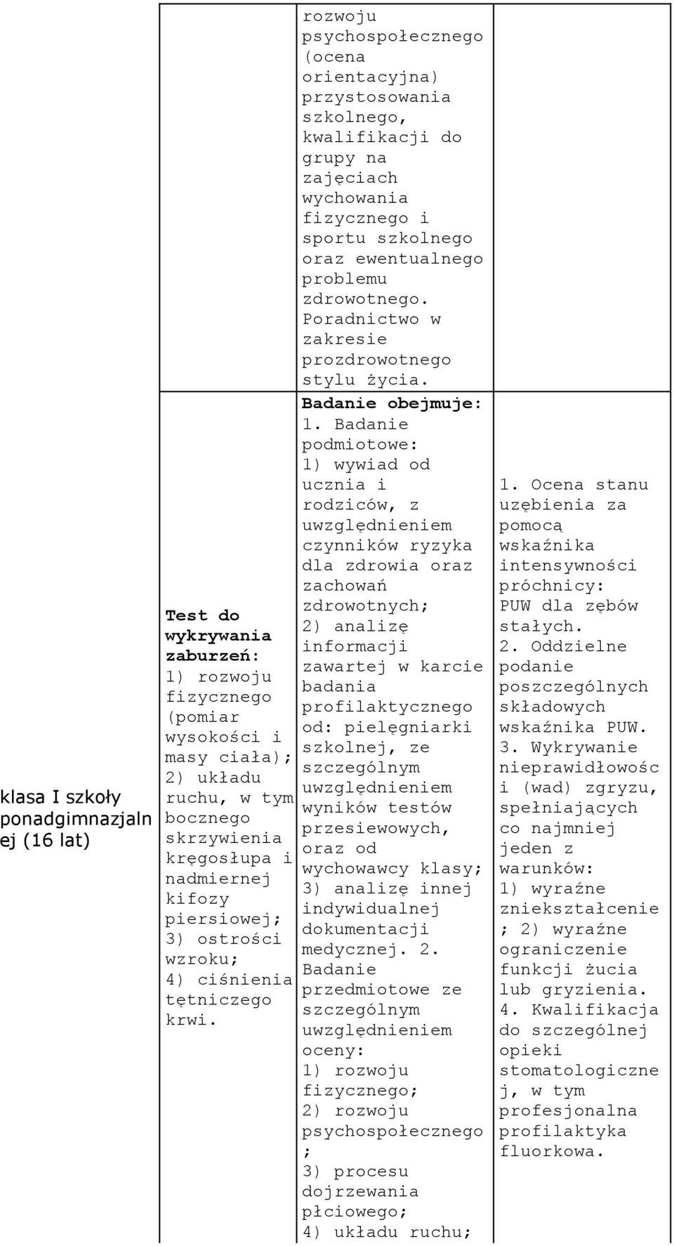 rozwoju psychospołecznego (ocena orientacyjna) przystosowania szkolnego, kwalifikacji do grupy na zajęciach wychowania fizycznego i sportu szkolnego oraz ewentualnego problemu zdrowotnego.