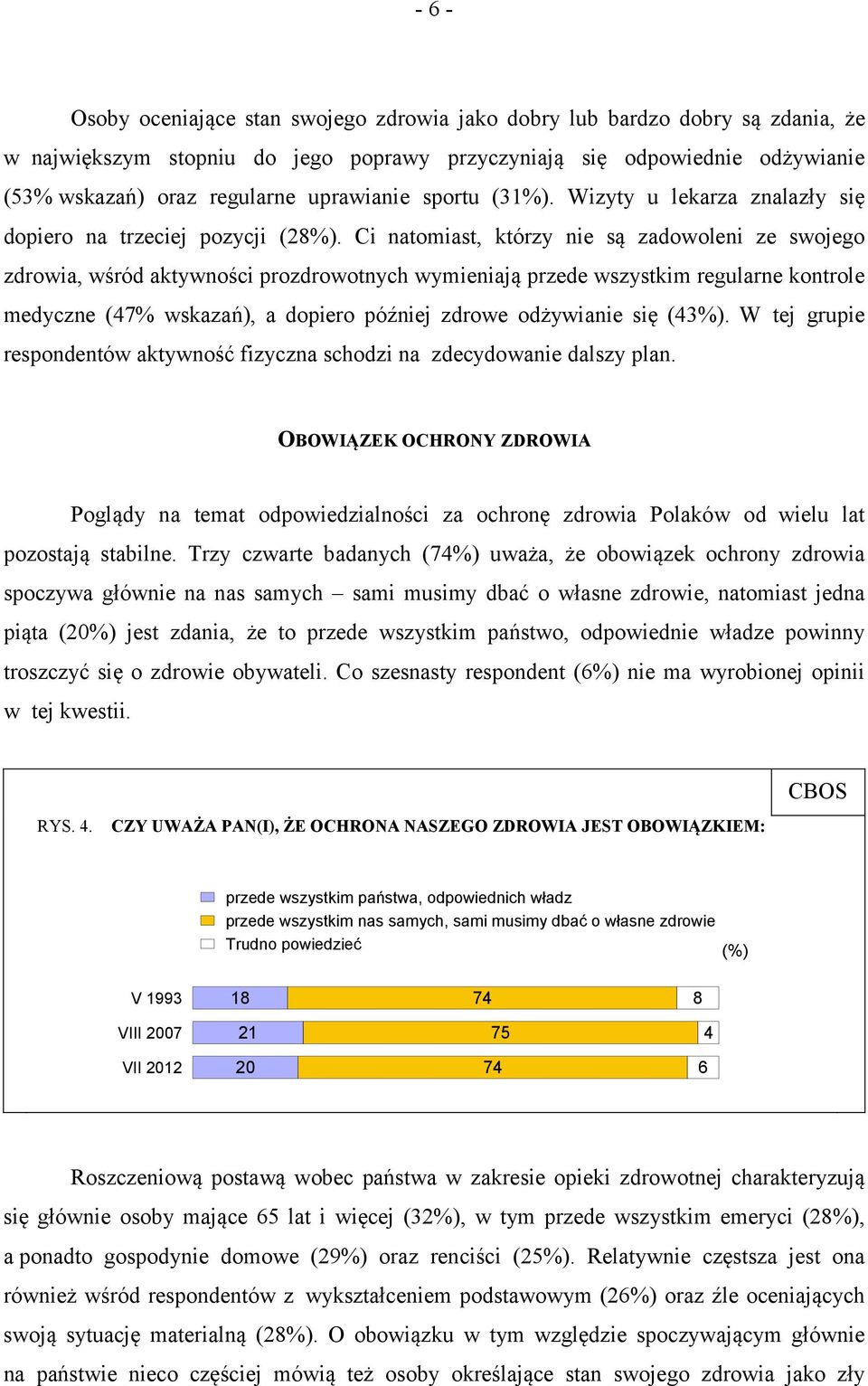 Ci natomiast, którzy nie są zadowoleni ze swojego zdrowia, wśród aktywności prozdrowotnych wymieniają przede wszystkim regularne kontrole medyczne (47% wskazań), a dopiero później zdrowe odżywianie