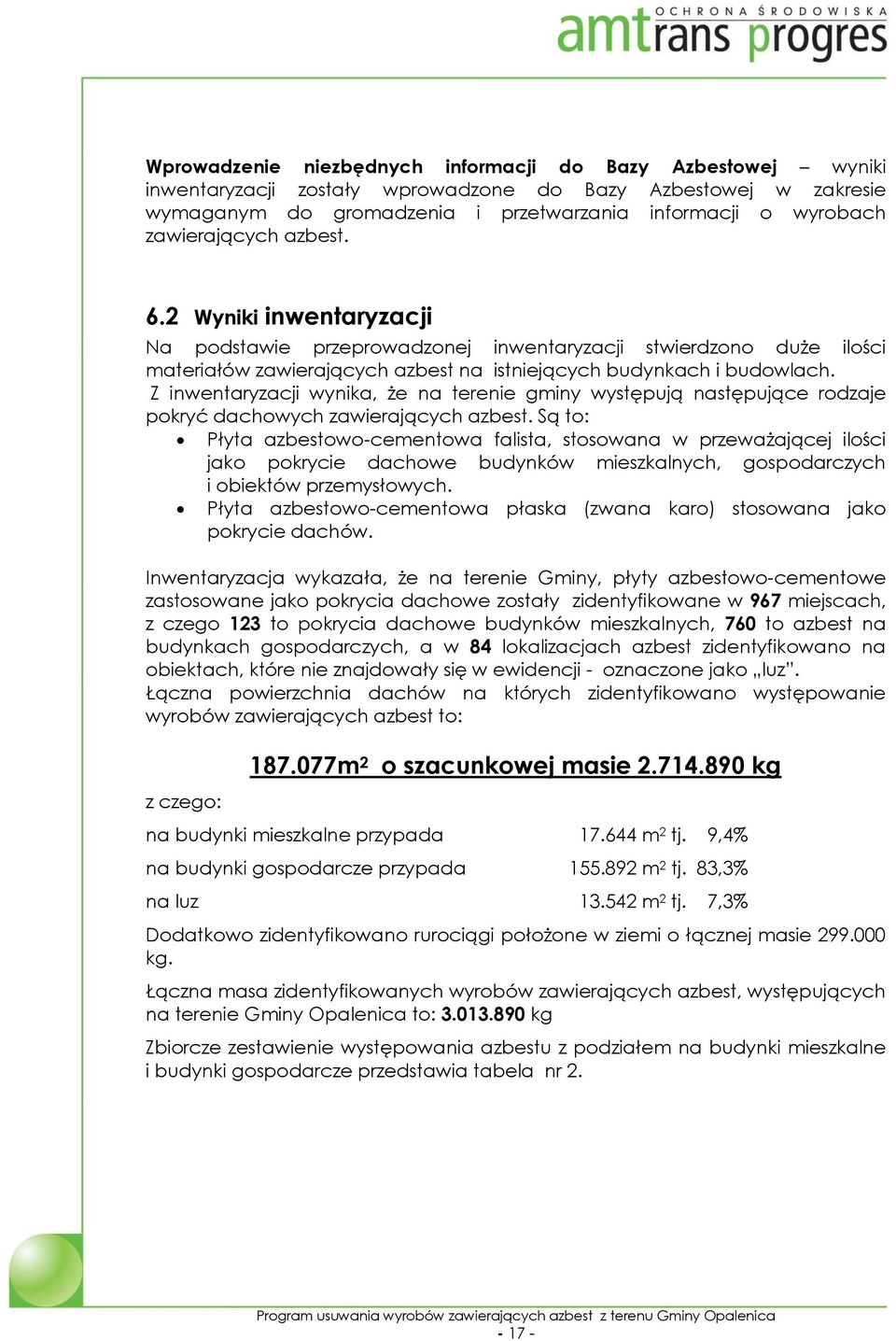 Z inwentaryzacji wynika, że na terenie gminy występują następujące rodzaje pokryć dachowych zawierających azbest.