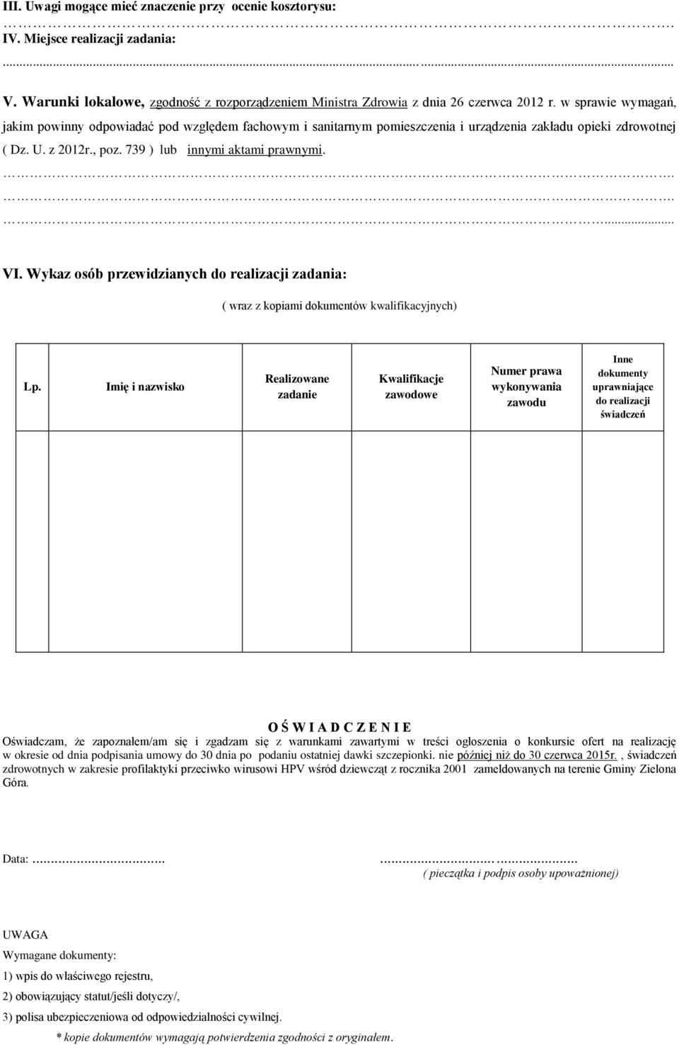 Wykaz osób przewidzianych do realizacji zadania: ( wraz z kopiami dokumentów kwalifikacyjnych) Lp.