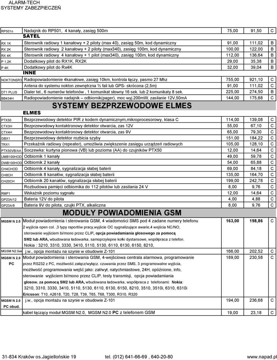 RX1K, RX2K 29,00 35,38 B P 4K Dodatkowy pilot do Rx4K 32,00 39,04 B INNE NOKTONSR3 Radiopowiadomienie 4kanałowe, zasięg 10km, kontrola łączy, pasmo 27 Mhz 755,00 921,10 C Antena do systemu nokton