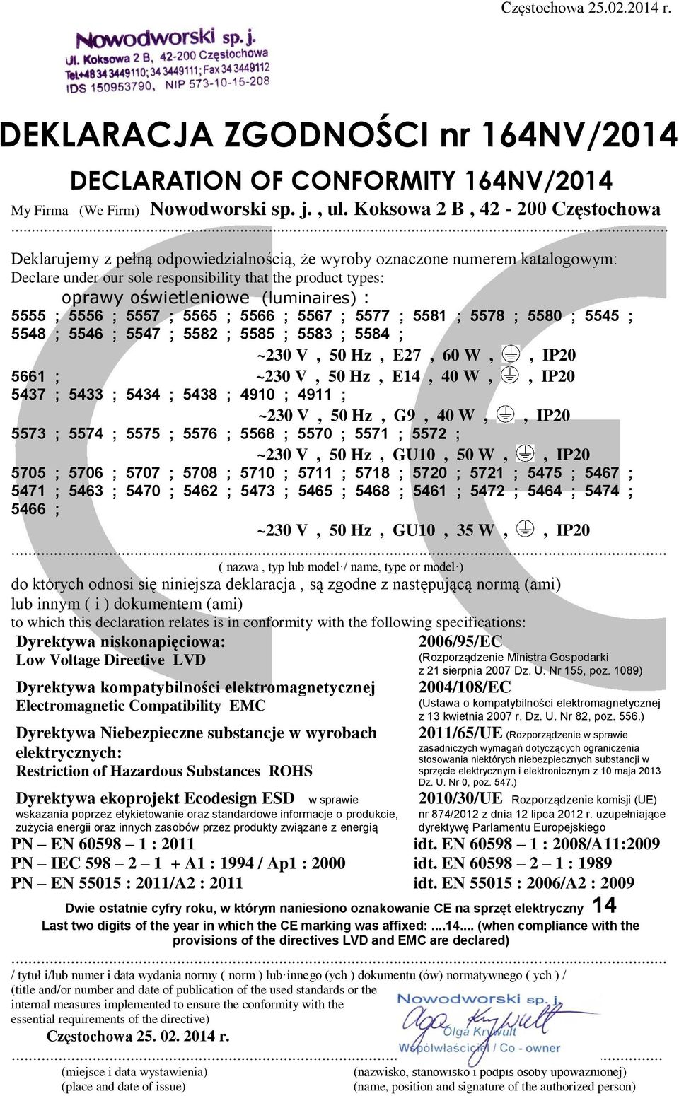 5437 ; 5433 ; 5434 ; 5438 ; 4910 ; 4911 ; ~230 V, 50 Hz, G9, 40 W,, IP20 5573 ; 5574 ; 5575 ; 5576 ; 5568 ; 5570 ; 5571 ; 5572 ; ~230 V, 50 Hz, GU10, 50 W,, IP20 5705 ; 5706 ; 5707 ; 5708 ; 5710 ;