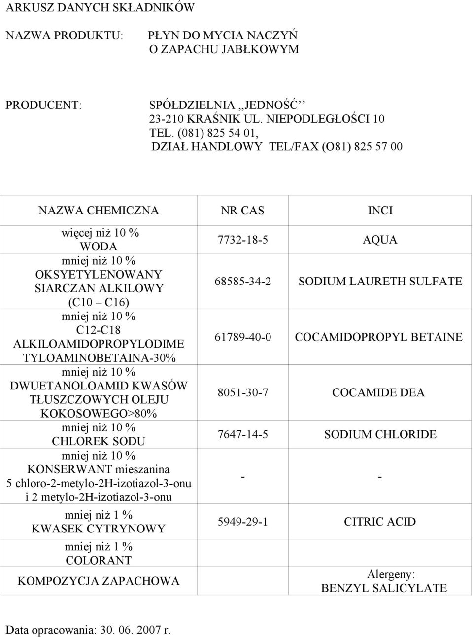 metylo-2h-izotiazol-3-onu KWASEK CYTRYNOWY COLORANT KOMPOZYCJA ZAPACHOWA 7732-18-5 AQUA