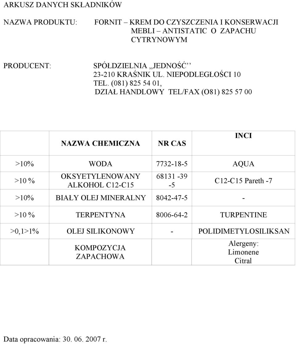 Pareth -7 >10% BIAŁY OLEJ MINERALNY 8042-47-5 - >10 % TERPENTYNA 8006-64-2 TURPENTINE