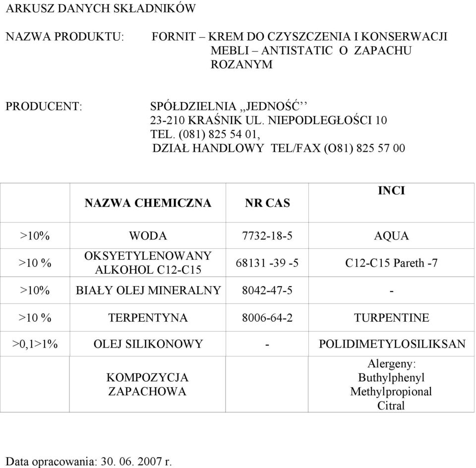 >10% BIAŁY OLEJ MINERALNY 8042-47-5 - >10 % TERPENTYNA 8006-64-2 TURPENTINE >0,1>1% OLEJ