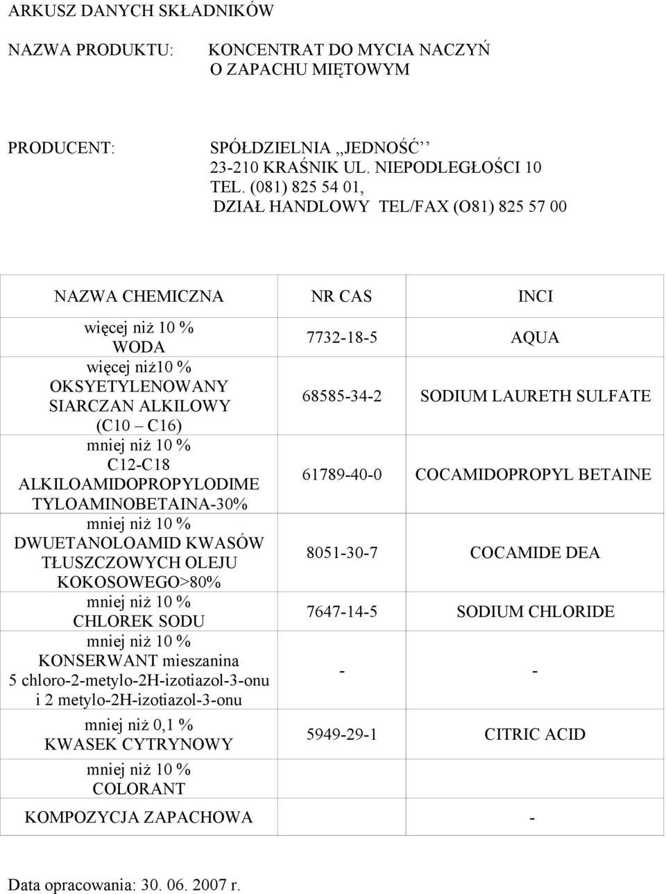 metylo-2h-izotiazol-3-onu mniej niż 0,1 % KWASEK CYTRYNOWY COLORANT 7732-18-5 AQUA