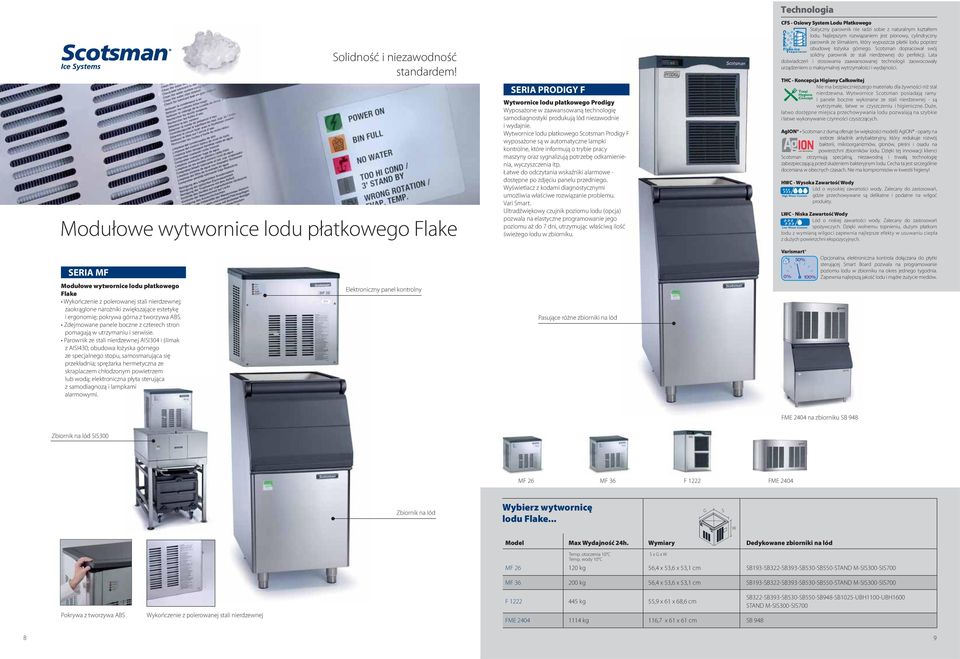 ytwornice lodu płatkowego cotsman Prodigy F wyposażone są w automatyczne lampki kontrolne, które informują o trybie pracy maszyny oraz sygnalizują potrzebę odkamienienia, wyczyszczenia itp.