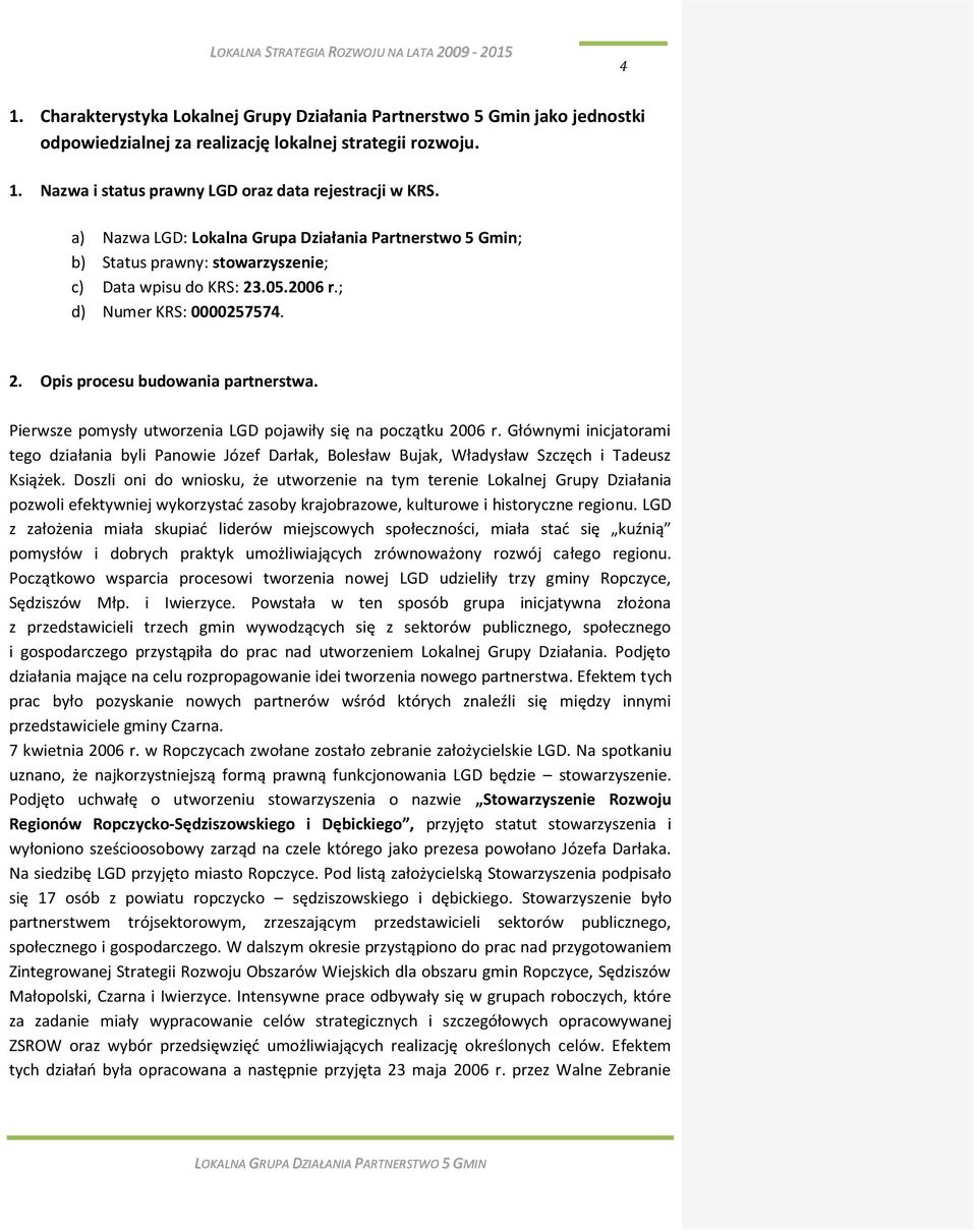 Pierwsze pomysły utworzenia LGD pojawiły się na początku 2006 r. Głównymi inicjatorami tego działania byli Panowie Józef Darłak, Bolesław Bujak, Władysław Szczęch i Tadeusz Książek.