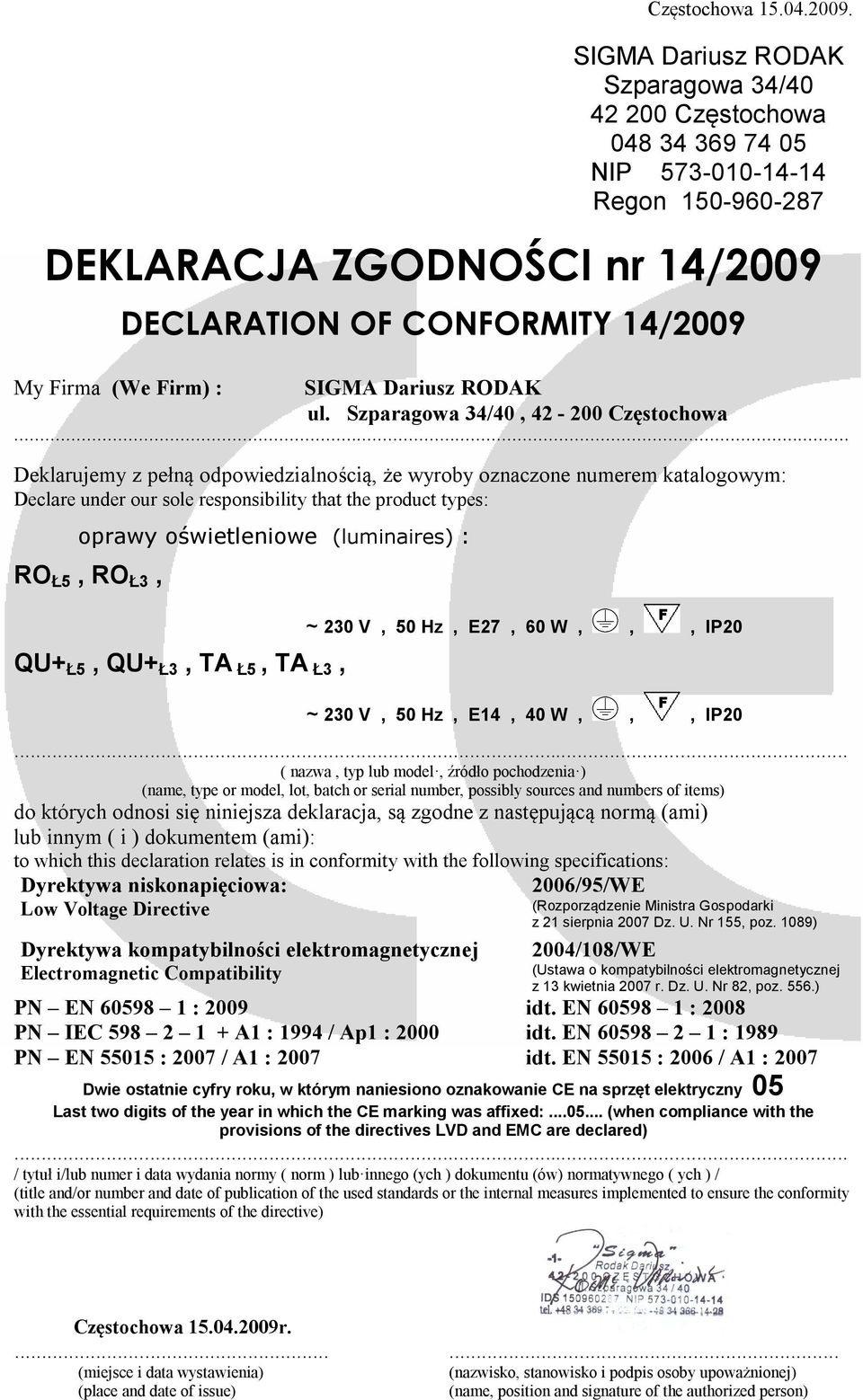 którym naniesiono oznakowanie CE na sprzęt elektryczny 05 Last two digits