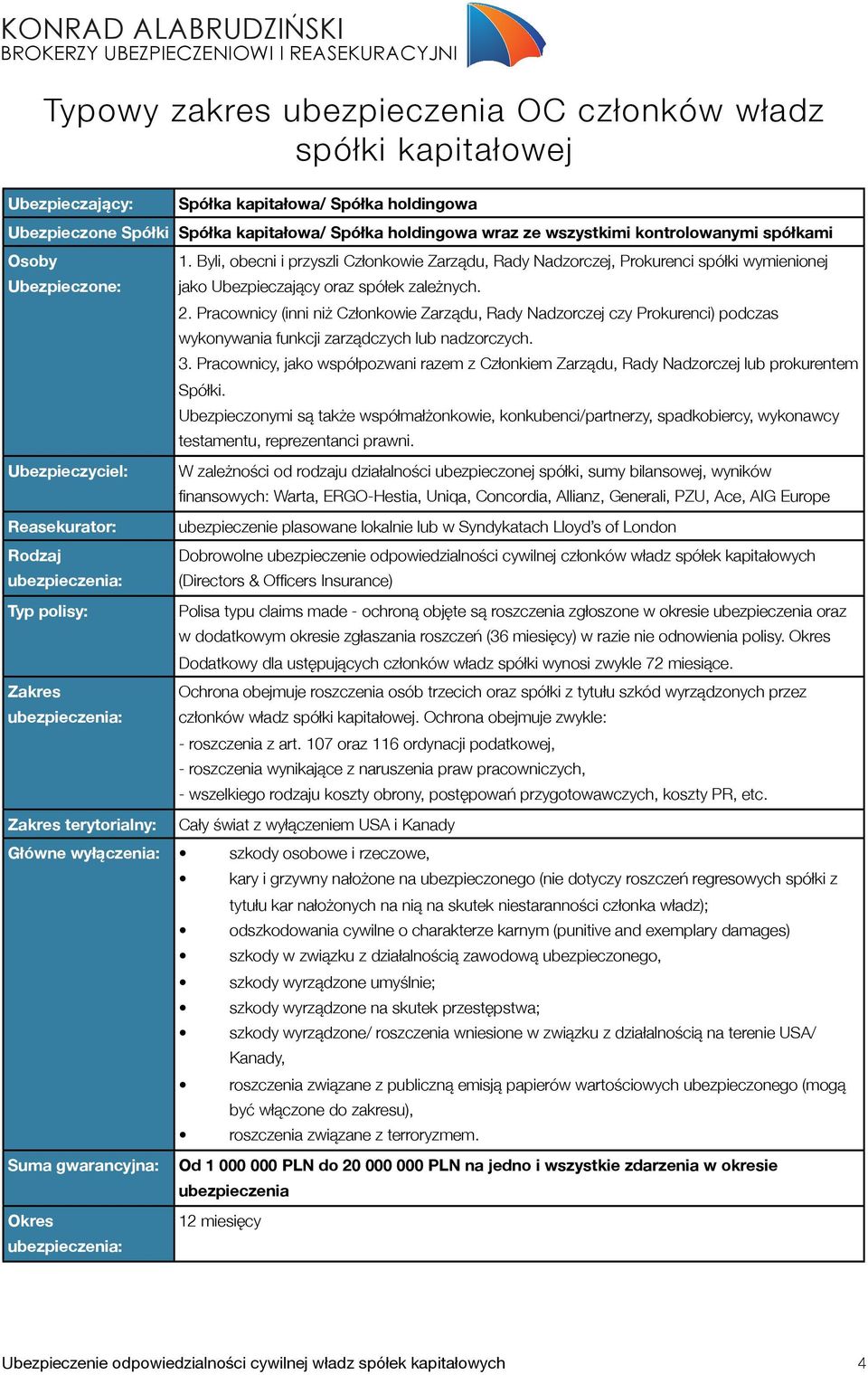 Byli, obecni i przyszli Członkowie Zarządu, Rady Nadzorczej, Prokurenci spółki wymienionej jako Ubezpieczający oraz spółek zależnych. 2.