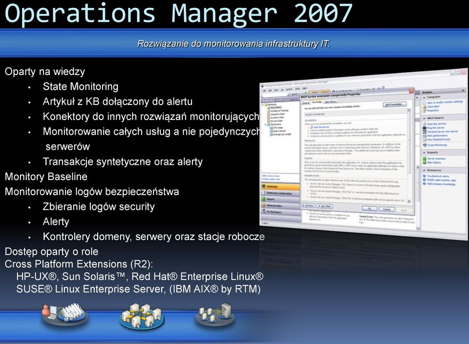 pojedynczych serwerów Transakcje syntetyczne oraz alerty Monitory Baseline Monitorowanie logów bezpieczeństwa Zbieranie logów security Alerty Kontrolery