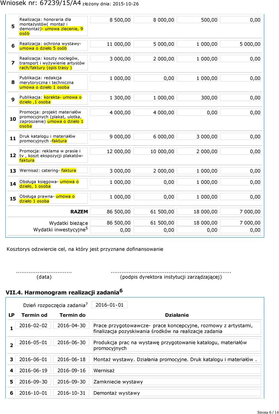 promocyjnych (plakat, ulotka, zaproszenie) umowa o dzieło 1 osoba Druk katalogu i materiałów promocyjnych faktura Promocja: reklama w prasie i tv, koszt ekspozycji plakatówfaktura 8 500,00 8 000,00