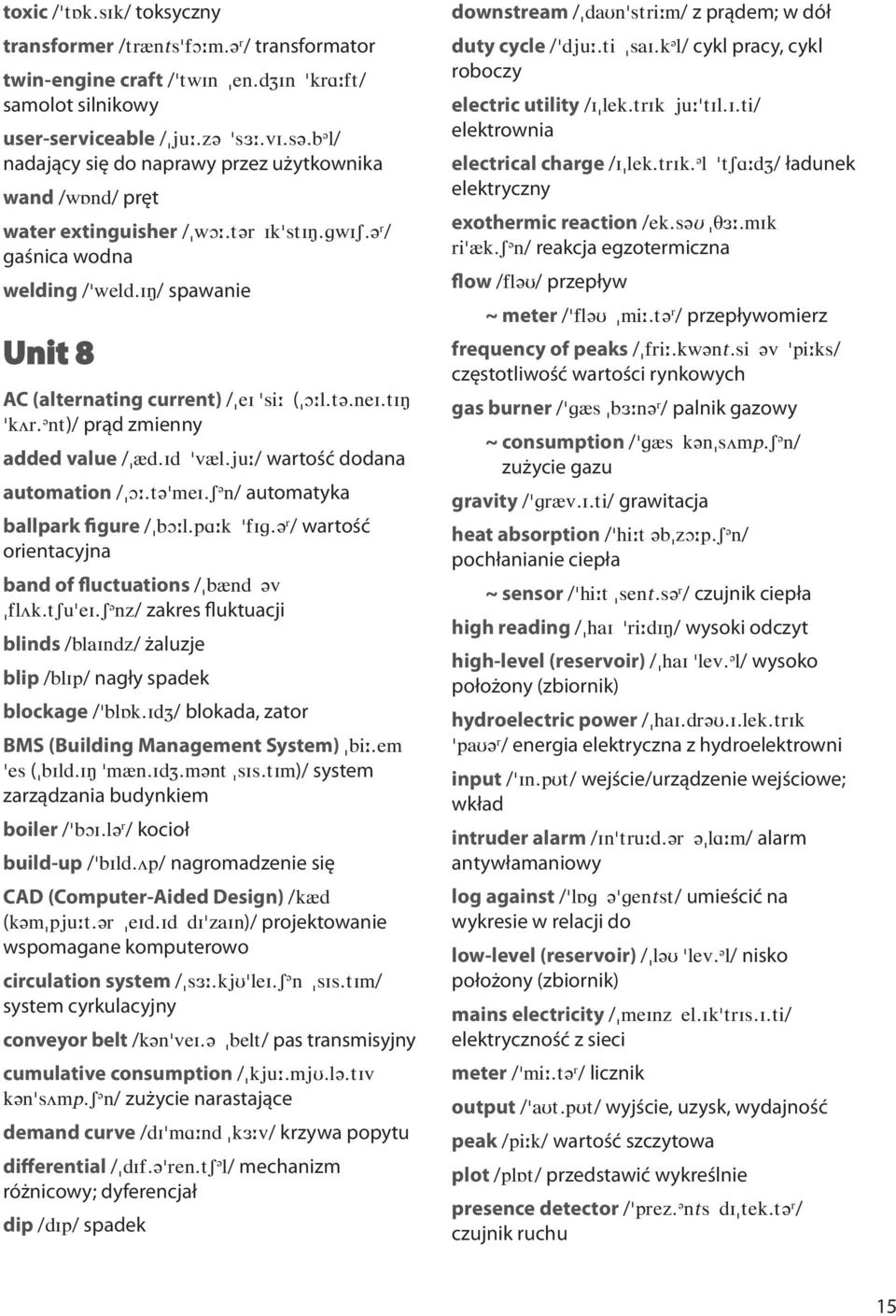 iî/ spawanie Unit 8 AC (alternating current) /"ei 'si: ("O:l.t@.neI.tIÎ 'kör. @ nt)/ prąd zmienny added value /"{d.id 'v{l.ju:/ wartość dodana automation /"O:.t@'meI.