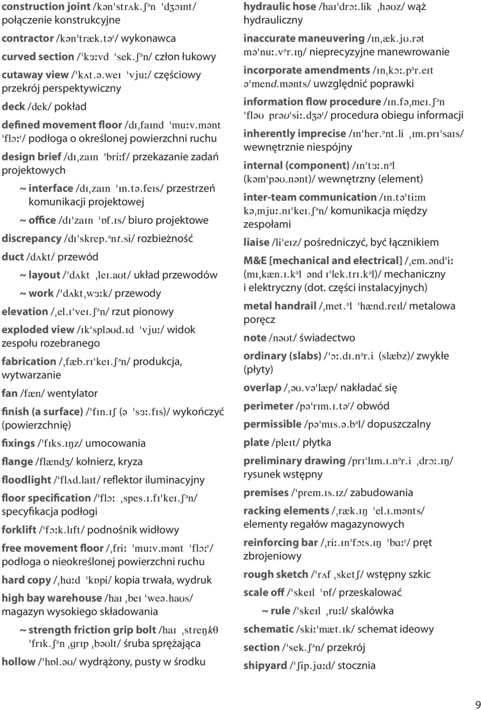 feIs/ przestrzeń komunikacji projektowej ~ office /di'zain 'Áf.Is/ biuro projektowe discrepancy /di'skrep. @ nt.si/ rozbieżność duct /dökt/ przewód ~ layout /'dökt "lei.