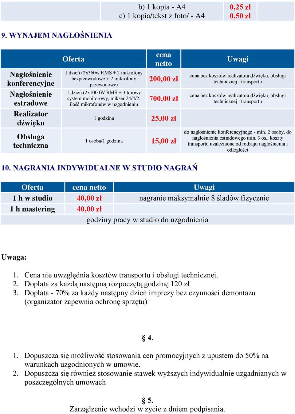 RMS + 3 torowy system monitorowy, mikser 24/4/2, ilość mikrofonów w uzgodnieniu cena 200,00 zł 700,00 zł 1 godzina 25,00 zł 1 osoba/1 godzina 15,00 zł Uwagi cena bez kosztów realizatora dźwięku,